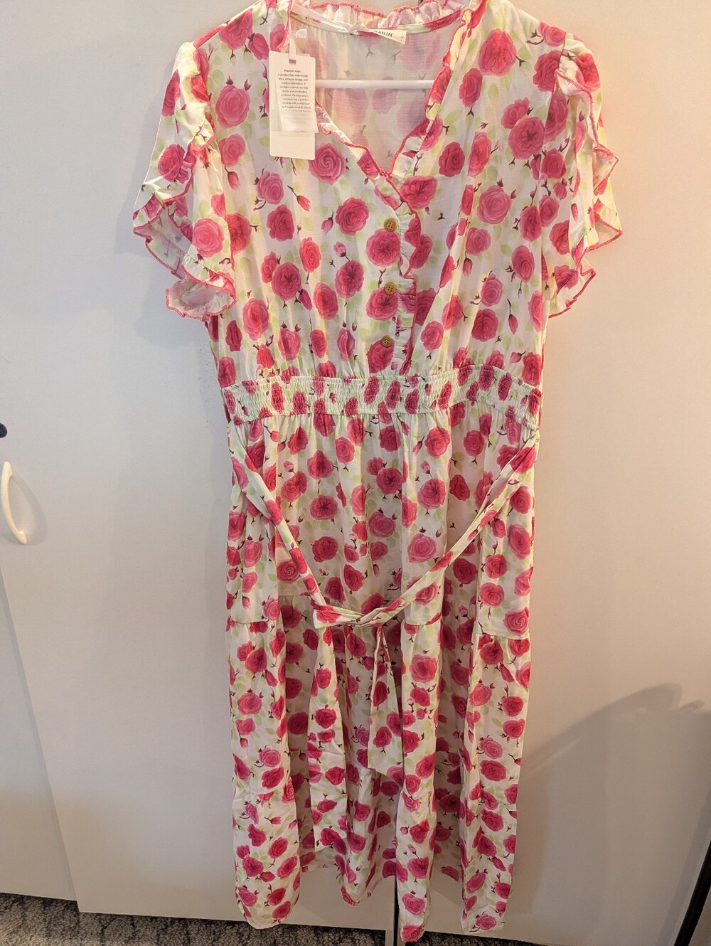 Grace Karin XL Pink Floral Ruffle Sleeve Boho Dress NWT